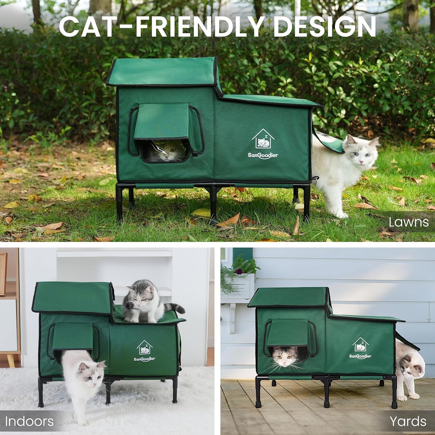 Cat Houses for Outdoor Cats, Outdoor Cat House Weatherproof with Insulation Layer for Warm, Foldable Cat Shelter, Cave Beds for Pets Up to 55lbs for Garden, Patio, or Backyard (Green-L)