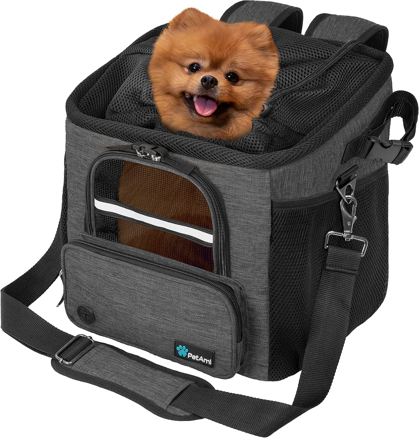 PetAmi Dog Bike Basket, Soft-Sided Ventilated Dog Bike Carrier Backpack, Pet Bicycle Basket for Bike Handlebar, Small Medium Puppy Cat Kitten Car Booster Seat with Safety Strap, Max 18 lbs, Dark Gray