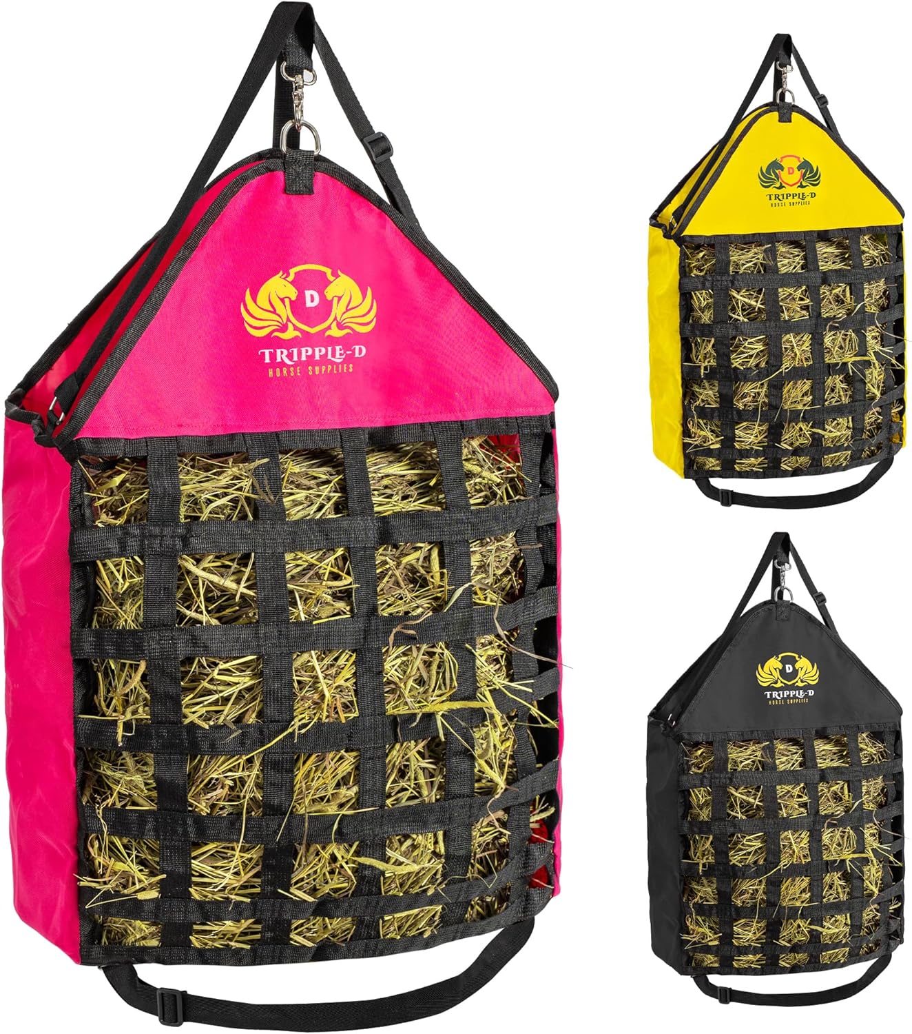 Tripple-D Horse Supplies top Loading Slow Feeder hay Bag, Equipment for Horses & Goats, Durable Strong Material and Nylon Feed net, Holds hay Bales securely, Reduces hay Waste, Nice feeders Storage