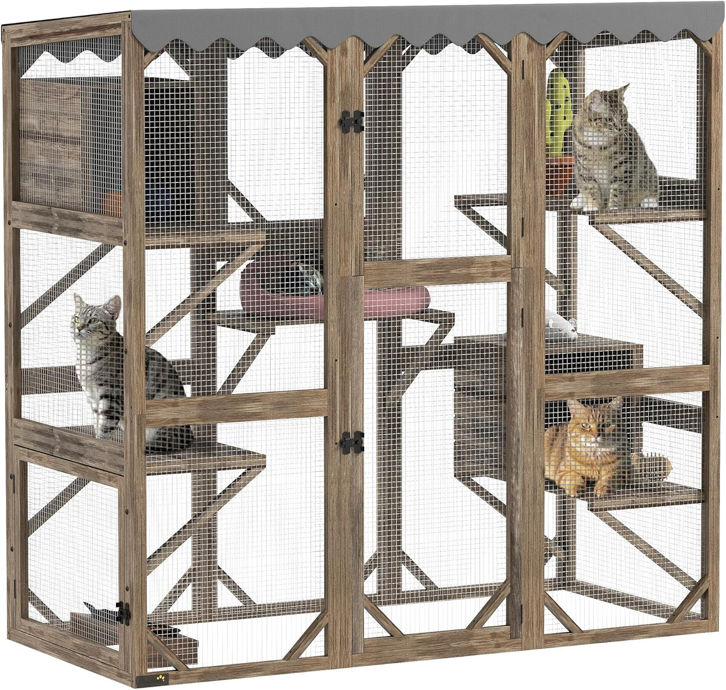 PawHut Catio Outdoor Cat Enclosure, Wooden Cat House with Window Access, 5 Platforms and 2 Resting Box, Waterproof Roof, Kitty Cage for Multiple Kittens, 59" H, Brown
