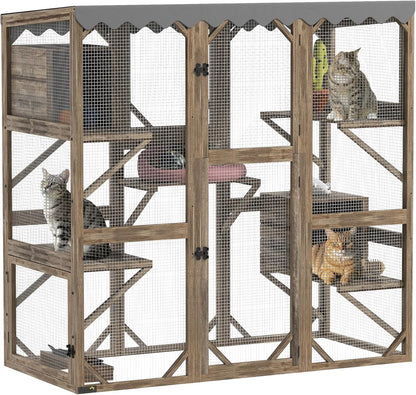 PawHut Catio Outdoor Cat Enclosure, Wooden Cat House with Window Access, 5 Platforms and 2 Resting Box, Waterproof Roof, Kitty Cage for Multiple Kittens, 59" H, Brown