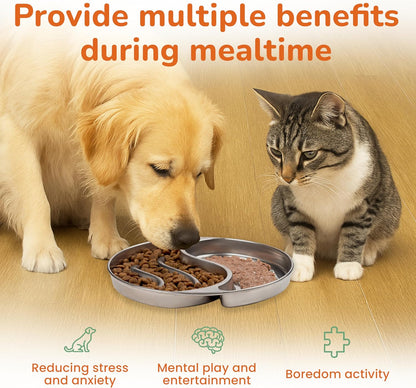 Stainless Steel Slow Feeder Dog and cat Bowl & Lick Mat – 2 Cups, Enrichment Puzzle for Small & Medium Pets, Improves Digestion & Supports Meal Variety, with Non-Slip Suction Cups