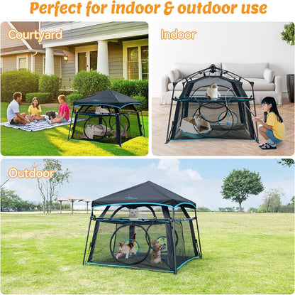 Large Catio Outdoor Cat Enclosure,2 Tier Cat Tent, Spacious, Sturdy Outdoor Catio,Portable and Foldable Playpen Play Tents for Cats Kitten and Small Animals,Two Doors Design(Patented)+3 Tunnels