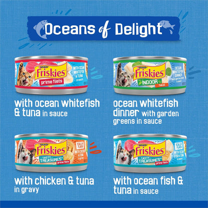 Purina Friskies Wet Cat Food Variety Pack, Oceans of Delight Flaked and Prime Filets - (Pack of 40) 5.5 oz. Cans