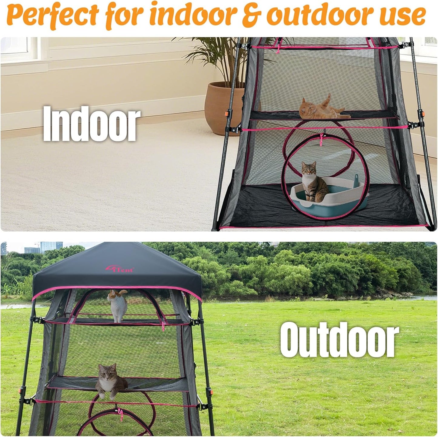 Extra Large Catio Cat Enclosure for Indoor and Outdoor with waterproof bottom,Itent 3 Tier Spacious Cat Tower Tent,Portable Cat Tent for Patio,Balcony, Deck & Camping Weatherproof & Sunproof(Patented)