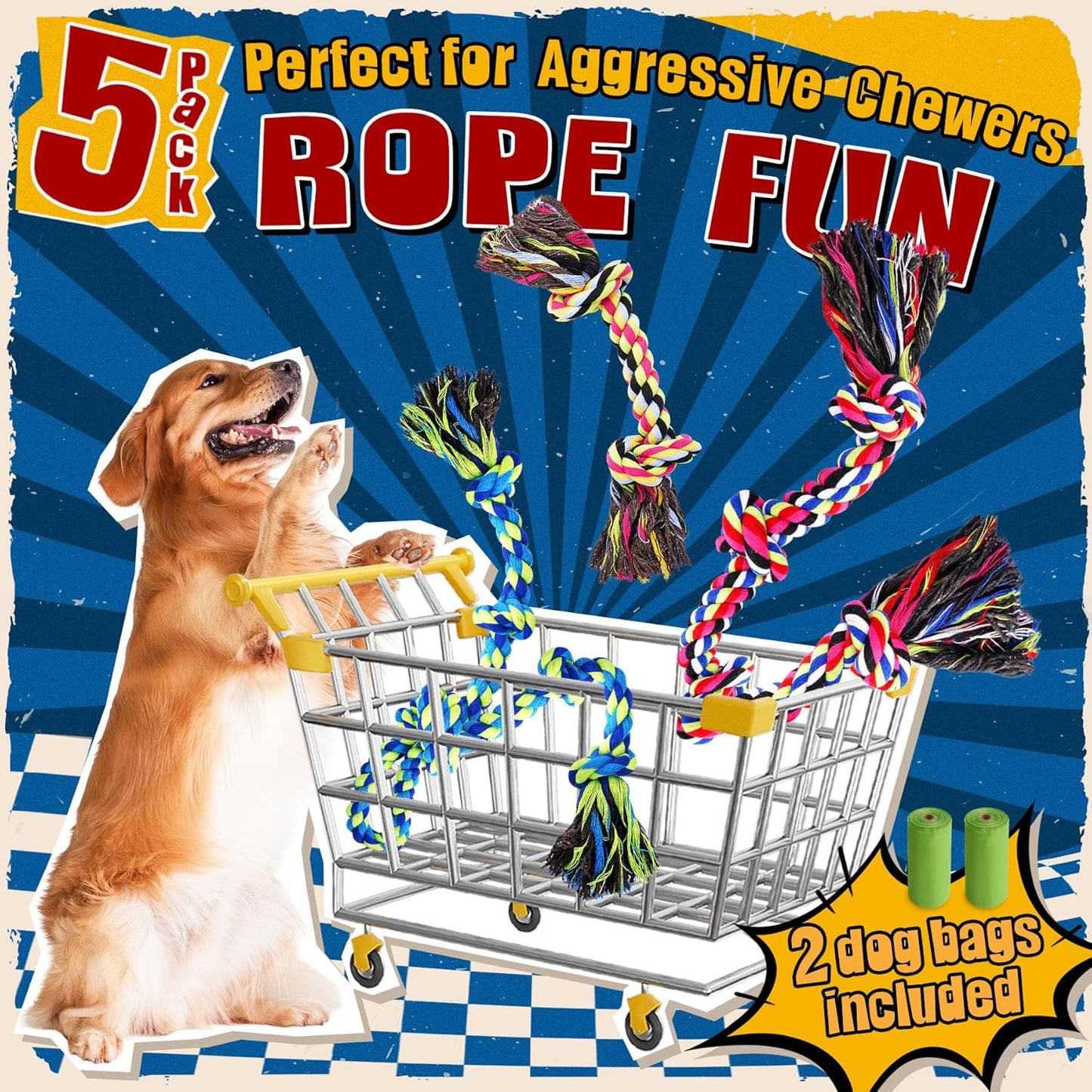 Tough & Strong Dog Toy for Aggressive Chewers – Tough Chew Toys for Large Dogs, Ideal for Tug-of-War & Teeth Cleaning, with 3 Rope Toys & 2 Dog Bags