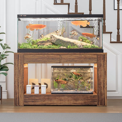 55–75 Gallon Aquarium Stand for Fish Tank & Turtle ,Reptile,Amphibian Terrariums, MDF Tabletop & Drawers, Reinforced Metal Frame, LED Lighting, Power Outlets (Rustic Brown)