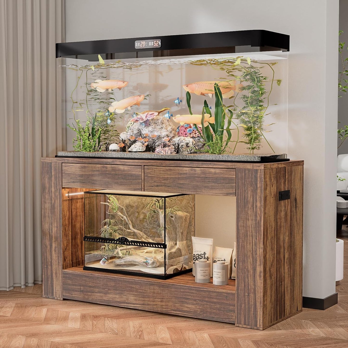 55–75 Gallon Aquarium Stand for Fish Tank & Turtle ,Reptile,Amphibian Terrariums, MDF Tabletop & Drawers, Reinforced Metal Frame, LED Lighting, Power Outlets (Rustic Brown)