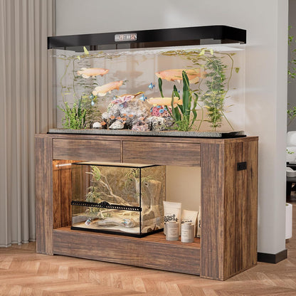 55–75 Gallon Aquarium Stand for Fish Tank & Turtle ,Reptile,Amphibian Terrariums, MDF Tabletop & Drawers, Reinforced Metal Frame, LED Lighting, Power Outlets (Rustic Brown)