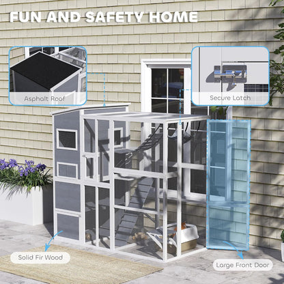 PawHut Catio Outdoor Cat Enclosure, Large Wooden Cat House with Resting Rooms, Platforms, Hammock, Soft Ladder, Ramps, for 2-3 Kittens, 76" x 36" x 68", Gray
