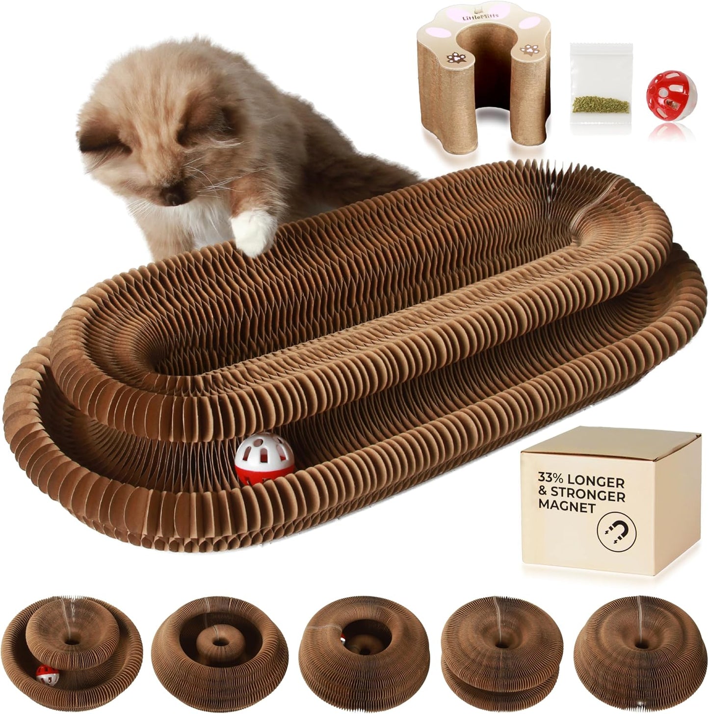 Magic Organ Cat Scratcher Board Toy with Bell Ball and Catnip - Longer, Stretchier Accordion Cardboard Scratching Pad with 4 Strong Magnets - Interactive Fun and Enrichment for Indoor Cats