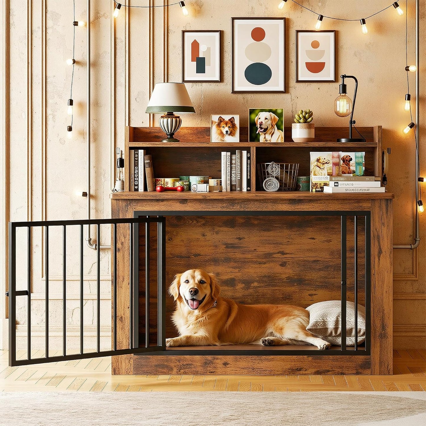 IRONCK Extra Large Dog Crate Furniture, 43.3 inches Wooden Dog Crate with Storage and 4 Hooks, Heavy Duty Pet Crate for Large Dog, Decorative Pet Cage for Indoor (30" L x 43.3" W x 41.1" H)