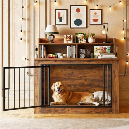IRONCK Extra Large Dog Crate Furniture, 43.3 inches Wooden Dog Crate with Storage and 4 Hooks, Heavy Duty Pet Crate for Large Dog, Decorative Pet Cage for Indoor (30" L x 43.3" W x 41.1" H)