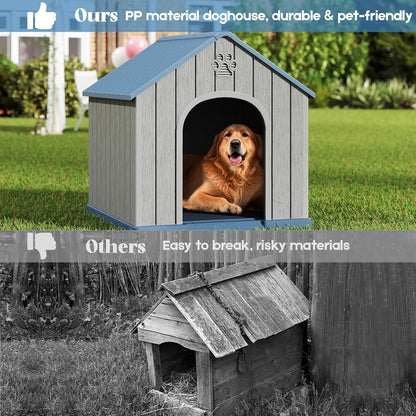 Fancyango Dog House Outdoor Indoor, Weatherproof Dog House with Elevated Floor and Air Vents for Medium to Large Dogs,Easy Clean and Assemble (Blue, 36.2''L×38''W×38''H)