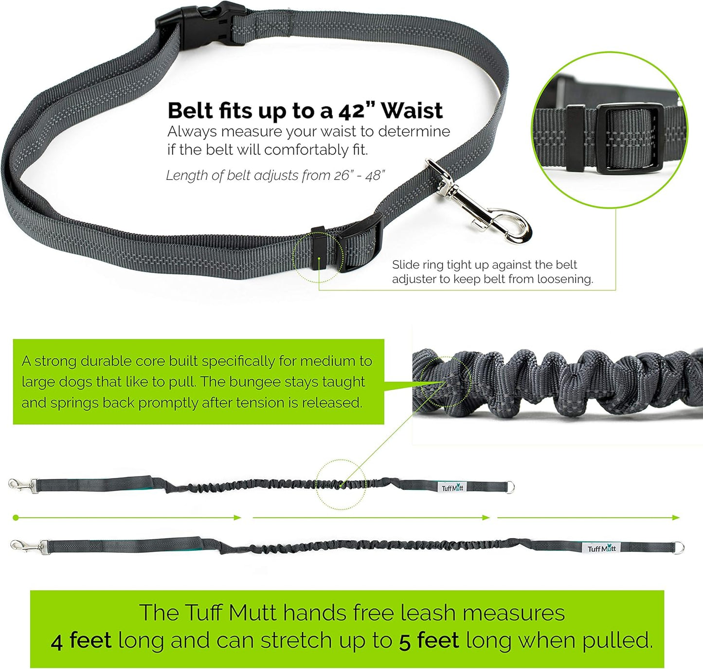 Tuff Mutt Hands Free Dog Leash for Walking Running Hiking, Waist Leash with Bungee, Adjustable Belt, Reflective Double Handle Design for Large Medium Dogs