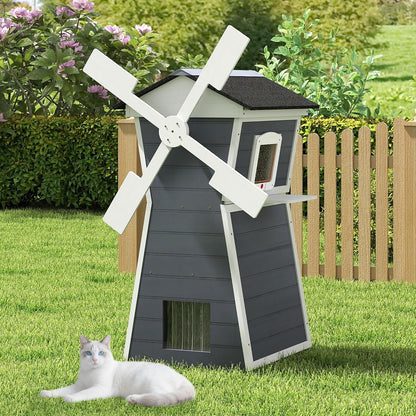 Coziwow Outdoor Cat House,Windmill-Shaped Kitty Enclosure with Waterproof Roof, Jumping Platform & Balcony for Porch or Garden