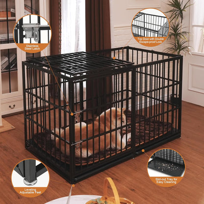 GDFStudio 61 Inch Extra Large Dog Crate with Mat, Heavy-Duty Carbon Steel XL Dog Cage Kennel with Removable Tray and Double Door, Indestructible Escape-Proof Large Dog Crate for Indoor Outdoor, Black
