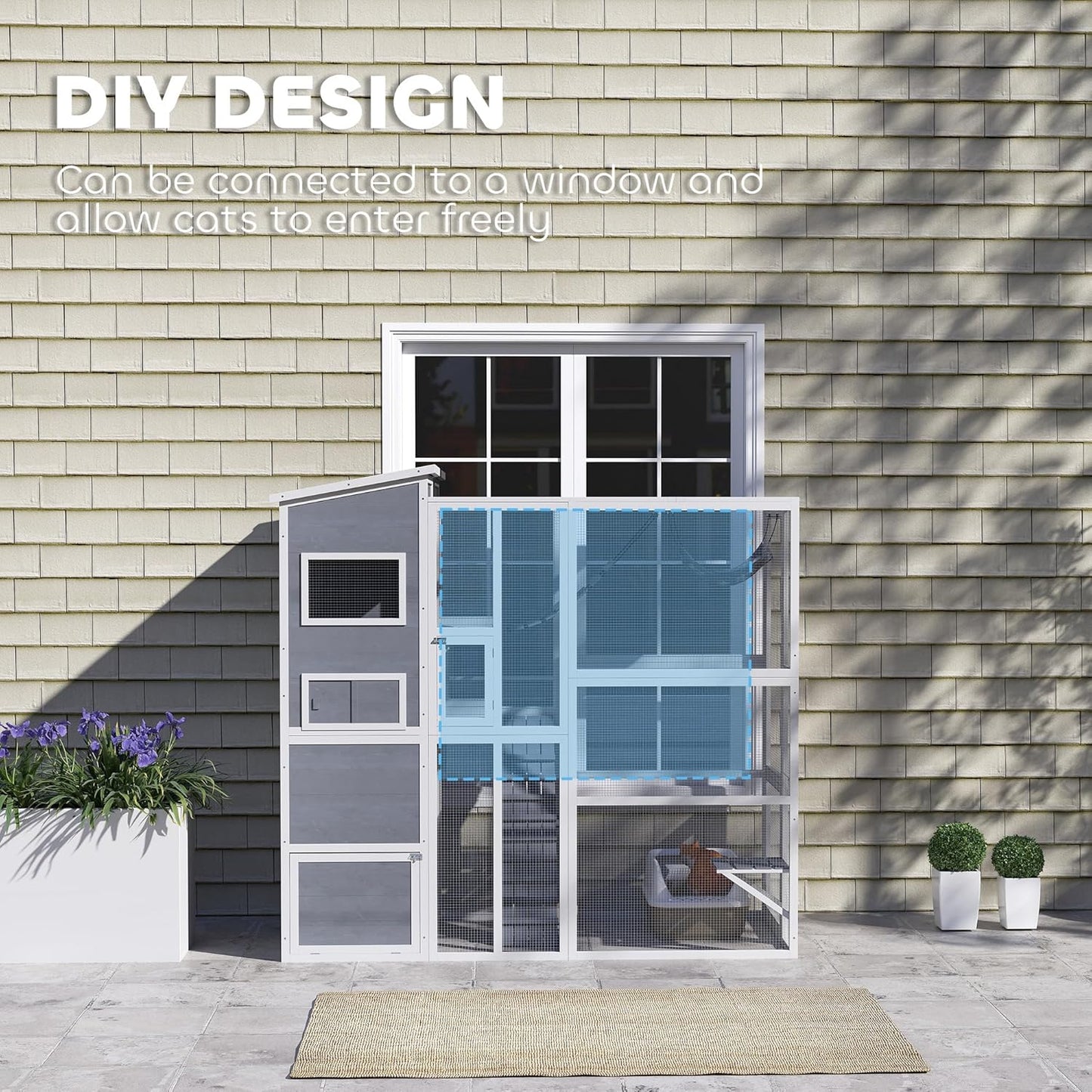 PawHut Catio Outdoor Cat Enclosure, Large Wooden Cat House with Resting Rooms, Platforms, Hammock, Soft Ladder, Ramps, for 2-3 Kittens, 76" x 36" x 68", Gray