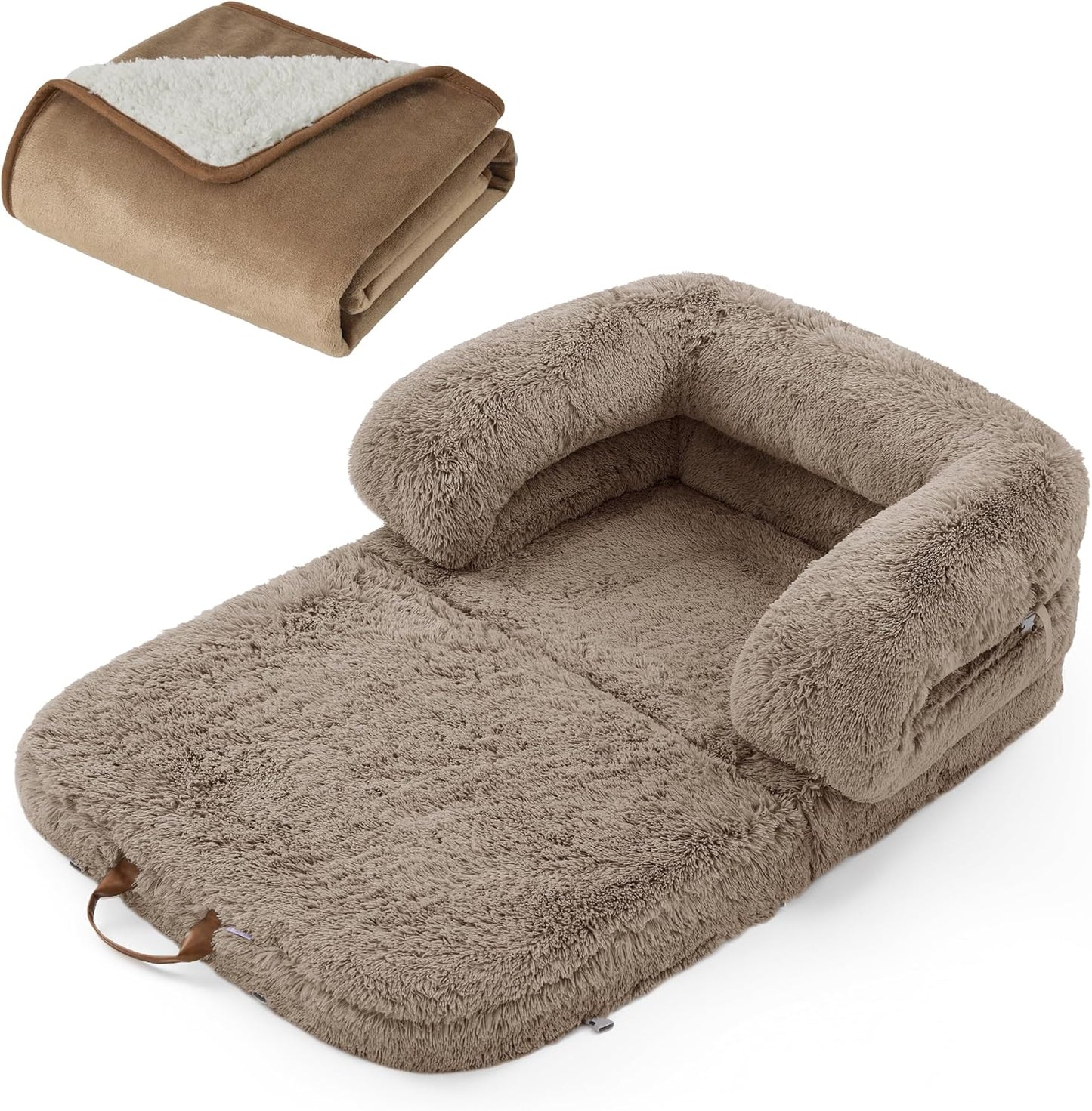 LE SURE Foldable Human Dog Bed 3 in 1 with Bedsure Waterproof Dog Blankets for Extra Large Dogs 50"x60", Camel