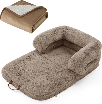 LE SURE Foldable Human Dog Bed 3 in 1 with Bedsure Waterproof Dog Blankets for Extra Large Dogs 50"x60", Camel