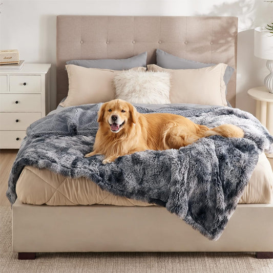 Bedsure Waterproof Dog Blankets for Large Dogs - Cat Blanket for Bed Couch Protector Washable Long Faux Fur, Calming Soft Reversible Throw Furniture Protection for Puppy Pet, 60"x80", Tie-dye Grey