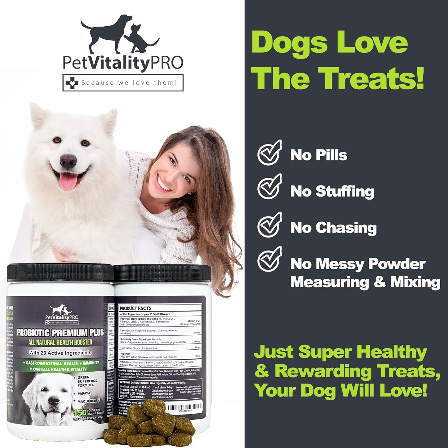 Probiotics for Dogs with Natural Digestive Enzymes ● 4 Bill CFUs/2 Soft Chews ● Dog Diarrhea Upset Stomach Yeast Gas Bad Breath Immunity Allergies Skin Itching Hot Spots ● 150 Count
