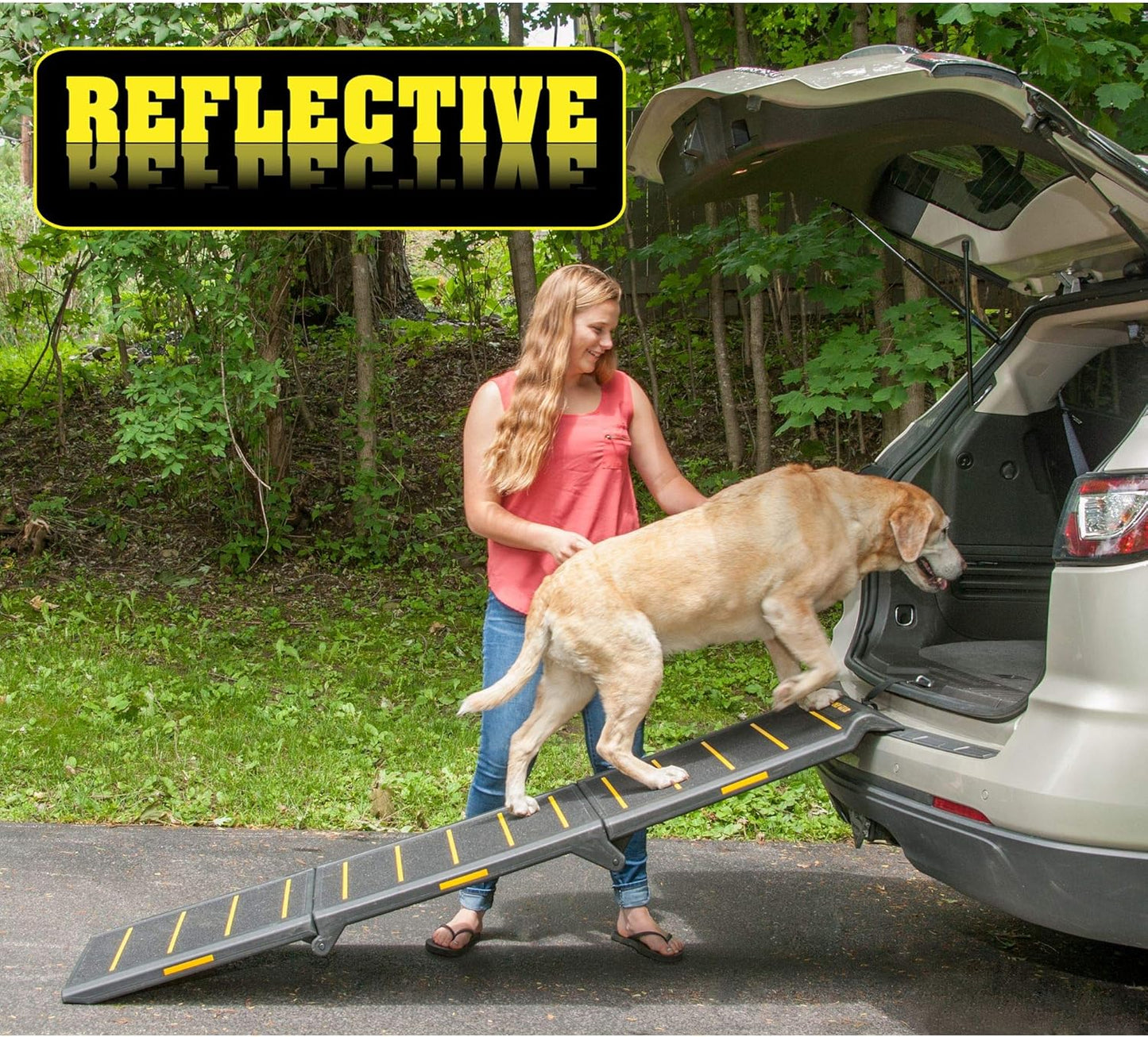 Pet Gear Tri-Fold Portable Pet Ramp for Dogs and Cats, 71" Long, Extra Wide, Holds up to 200lbs, Patented Design, Compact/Easy Fold with Safety Tether, Safety Yellow