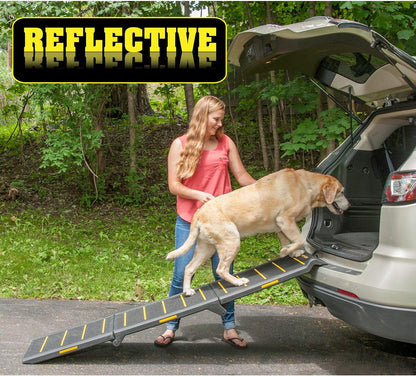 Pet Gear Tri-Fold Portable Pet Ramp for Dogs and Cats, 71" Long, Extra Wide, Holds up to 200lbs, Patented Design, Compact/Easy Fold with Safety Tether, Safety Yellow