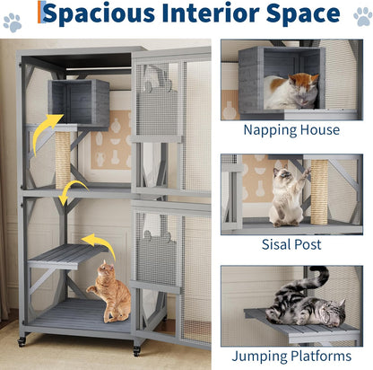 4 Tiers Outdoor Cat Enclosure on Wheels, 68'' Catio with Window Access, Weatherproof Roof Cats House with Scratch Post, Platforms and Resting Box Grey