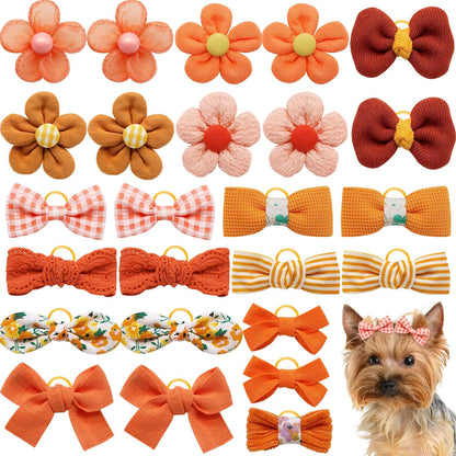 Mruq Small Dog Hair Bows with Rubber Bands, Mix Handmade Cute Puppy Gooming Flower Ball Bows for Holiday Daily Accessories (Orange-A326)