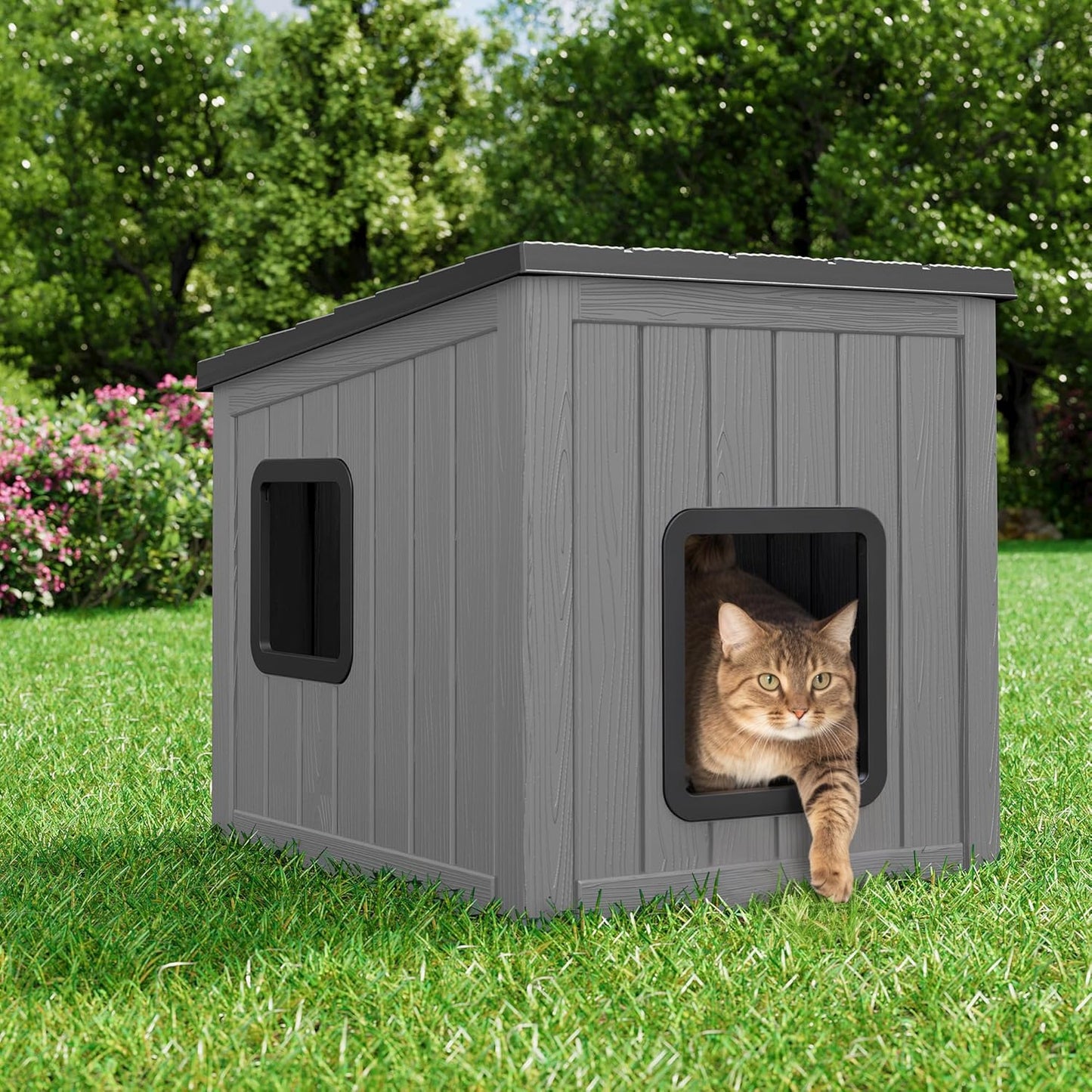 KAMABOKO Outdoor Cat Shelter Weatherproof PP Plastic Cat House for Winter, Insulated Cat Condo for Feral and Outdoor Cats with Waterproof Flat Base for Porch, Backyard, Black