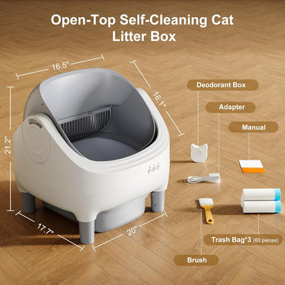 Auto Self-Cleaning Litter Box + Pet Hair Remover Glove Bundle, Open-Top Box with 10.5L Bin & Grooming Glove