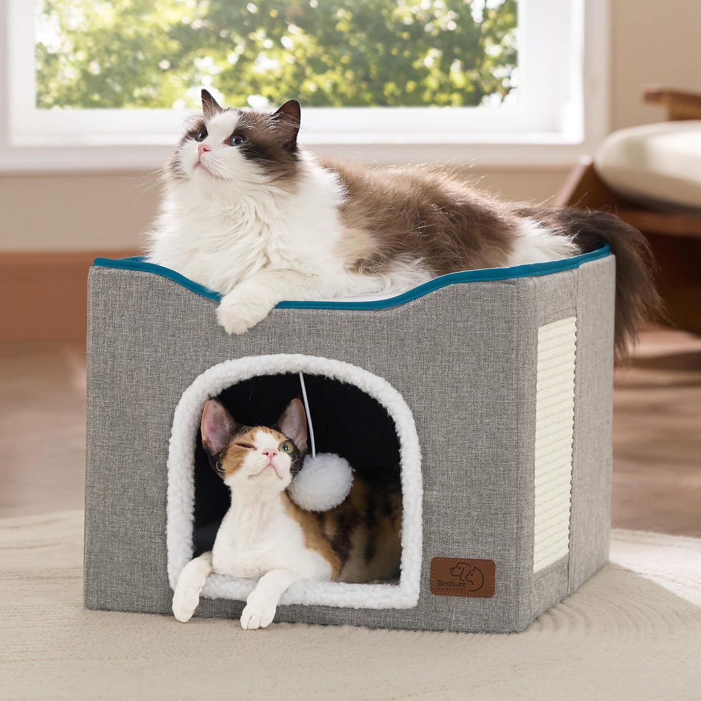 Bedsure Cat Beds for Indoor Cats - Large Cat Cave for Pet Cat House with Fluffy Ball Hanging and Scratch Pad, Foldable Cat Hideaway, 16.5x16.5x13 inches, Grey