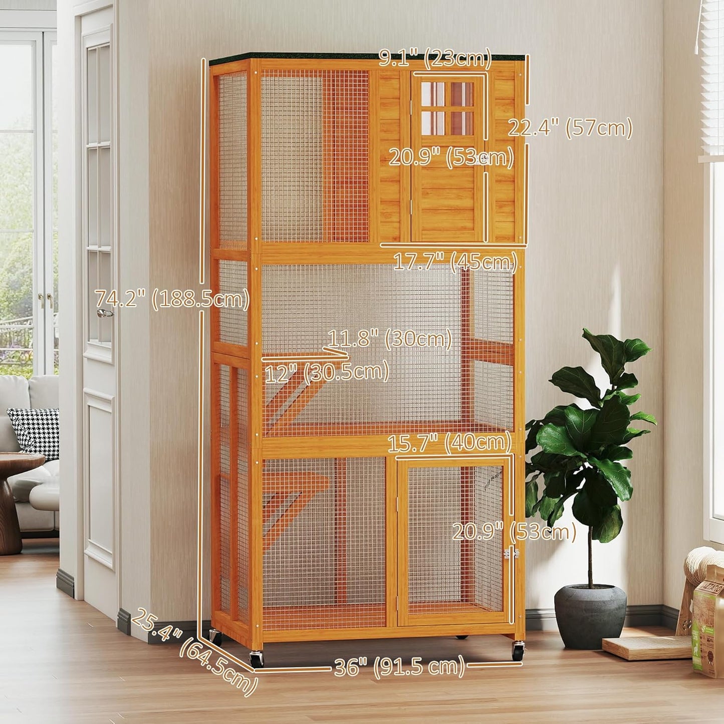 PawHut 74" Wooden Catio Outdoor Cat Enclosure Weatherproof & Wheeled, Outside Cat House with High Weight Capacity, Kitten Cage Condo, Orange