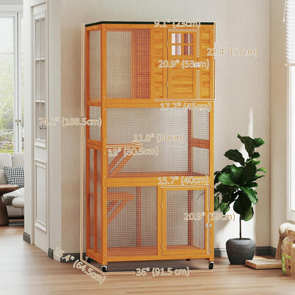PawHut 74" Wooden Catio Outdoor Cat Enclosure Weatherproof & Wheeled, Outside Cat House with High Weight Capacity, Kitten Cage Condo, Orange