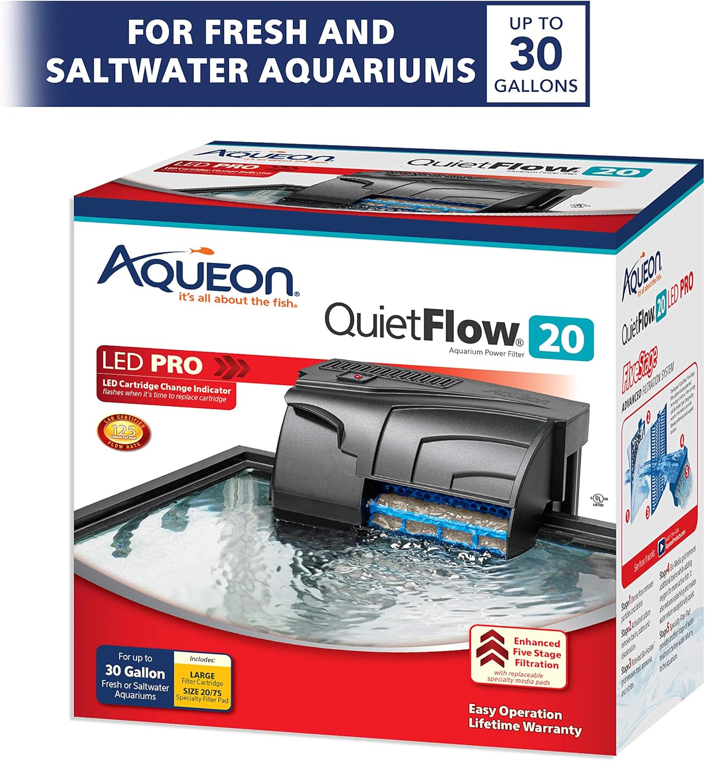 Aqueon QuietFlow 20 LED PRO Aquarium Fish Tank Power Filter For Up To 30 Gallon Aquariums