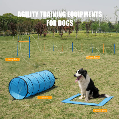 Dog Agility Training Equipment Pet Obstacle Training Course Kit Dog Outdoor Games with Tunnel, Adjustable Hurdle, Pause Box, Toys and Carrying Bag