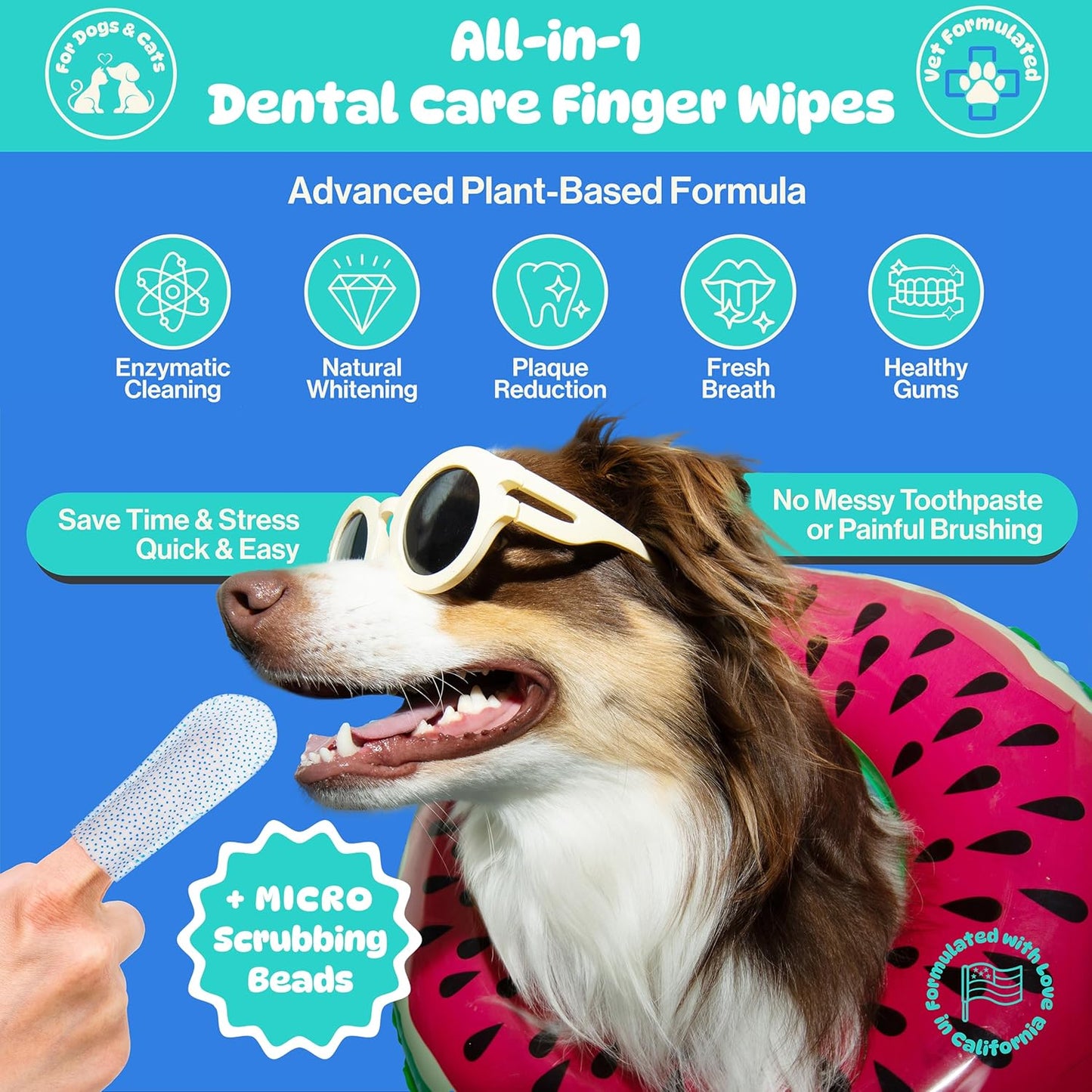 All-in-1 Dog Teeth Cleaning Wipes | Enzymatic Whitening + Micro Scrubbing Beads | Pet Dental Wipes & Finger Tooth Brushing Kit | Plant-Based Dental Care for Cats & Dogs (60 Count)