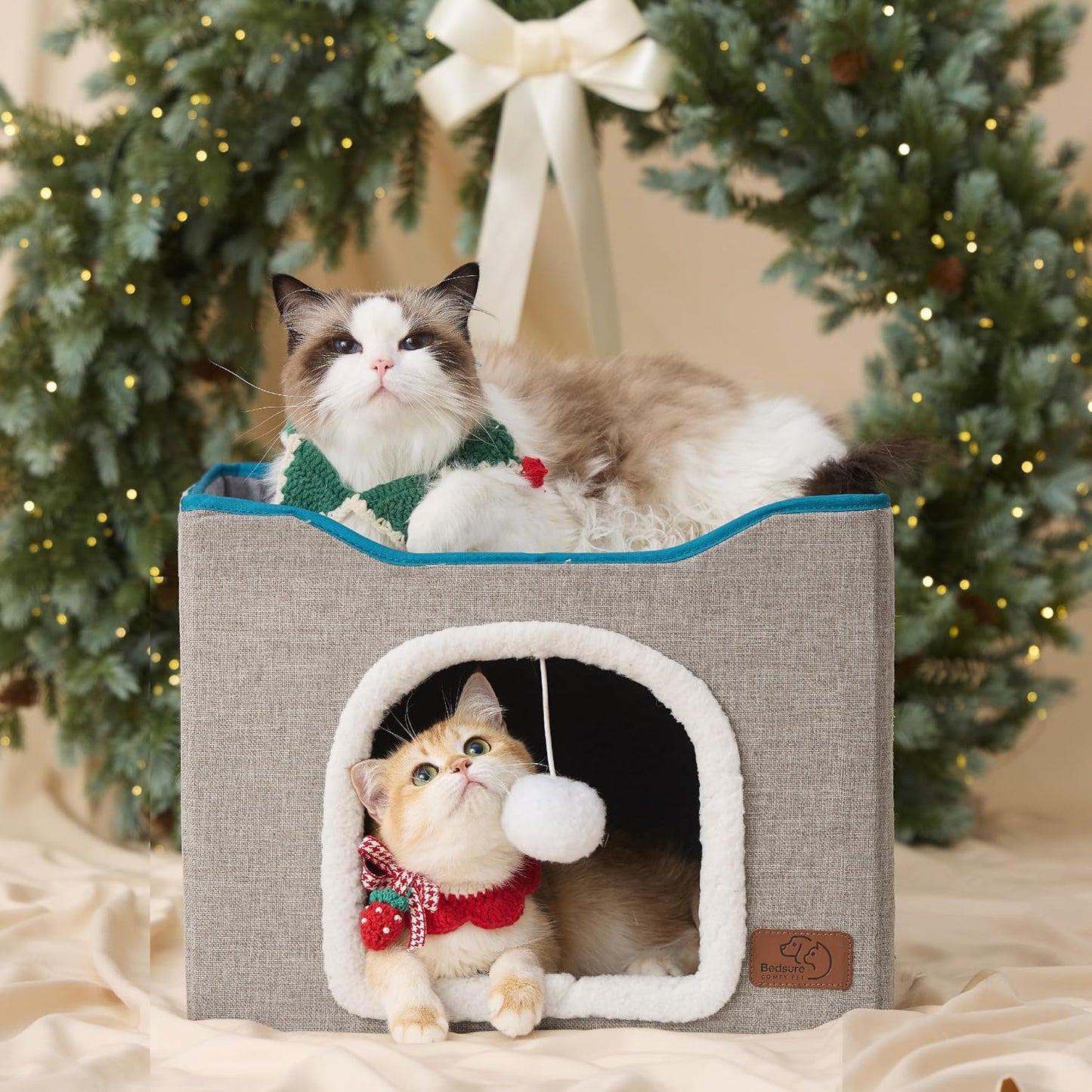 Bedsure Cat Beds for Indoor Cats - Large Cat Cave for Pet Cat House with Fluffy Ball Hanging and Scratch Pad, Foldable Cat Hideaway, 16.5x16.5x13 inches, Grey