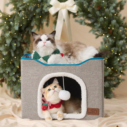 Bedsure Cat Beds for Indoor Cats - Large Cat Cave for Pet Cat House with Fluffy Ball Hanging and Scratch Pad, Foldable Cat Hideaway, 16.5x16.5x13 inches, Grey