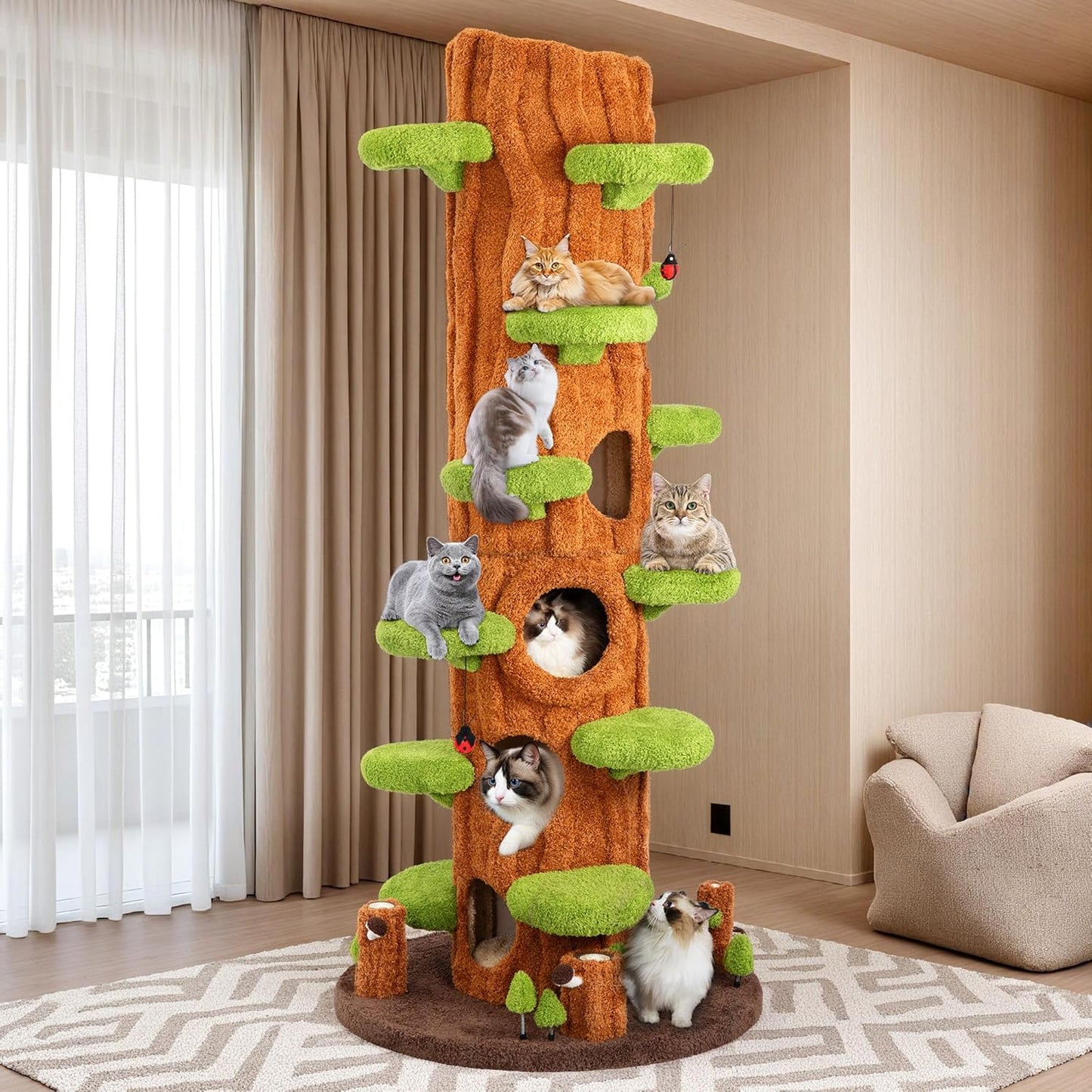NUNU LAB 90 Inch Cat Tree Tower Large Magic Forest Solid Wood Multi-Level Cat Tower with Side Hideout & Platforms Cat Condo with Sisal Scratching Posts for Multi-Cat Homes