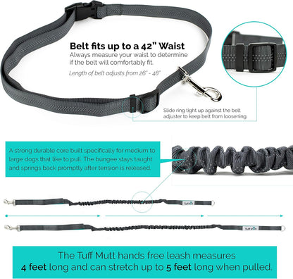 Tuff Mutt Hands-Free Waist Leash for Dog Walking, Running and Hiking, Adjustable Belt with Double Handle, Reflective Bungee Design for Large & Medium Dogs