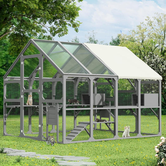 Merax Outdoor Large Catio Cat Enclosure,Wooden Cat House with 7 Platforms, 2 Resting Boxes, 1 Bridge and 1 Ramp, Walk in Kitty Cage Kennel with Sunshine Board Roof, Gray