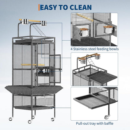 Spacious 61 Inch Metal Bird Cage with Play Top – Rolling Stand, Feed Bowls, Easy Clean, Secure Lock – Ideal for Parakeets, Conures, Cockatiels, Cockatoos, Exploding Silver