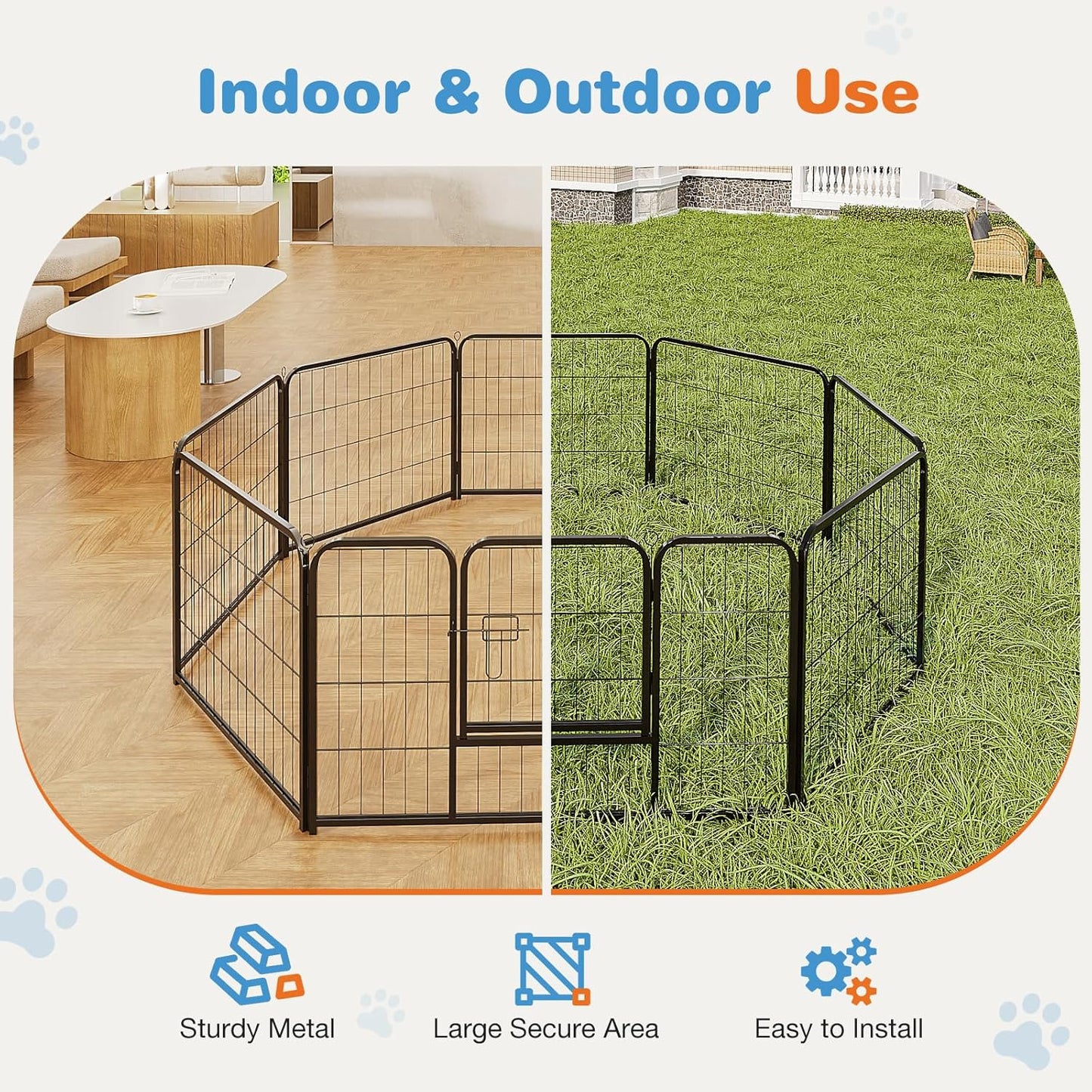 Portable Metal Dog Playpen, 8 Panels, 31" W x 32" H, Black, Modern Style, Secure Lock, Easy Setup, Ideal for Small, Medium, Large Dogs, Puppies, Bunnies, Indoors/Outdoors