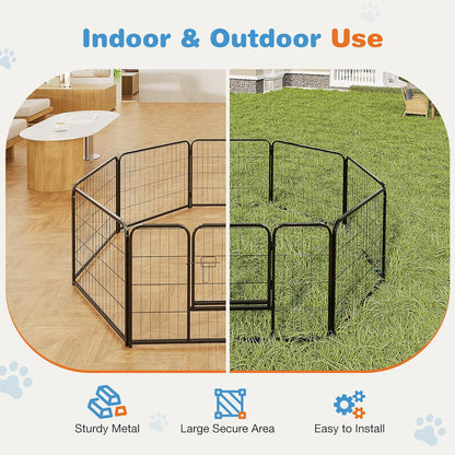Portable Metal Dog Playpen, 8 Panels, 31" W x 32" H, Black, Modern Style, Secure Lock, Easy Setup, Ideal for Small, Medium, Large Dogs, Puppies, Bunnies, Indoors/Outdoors