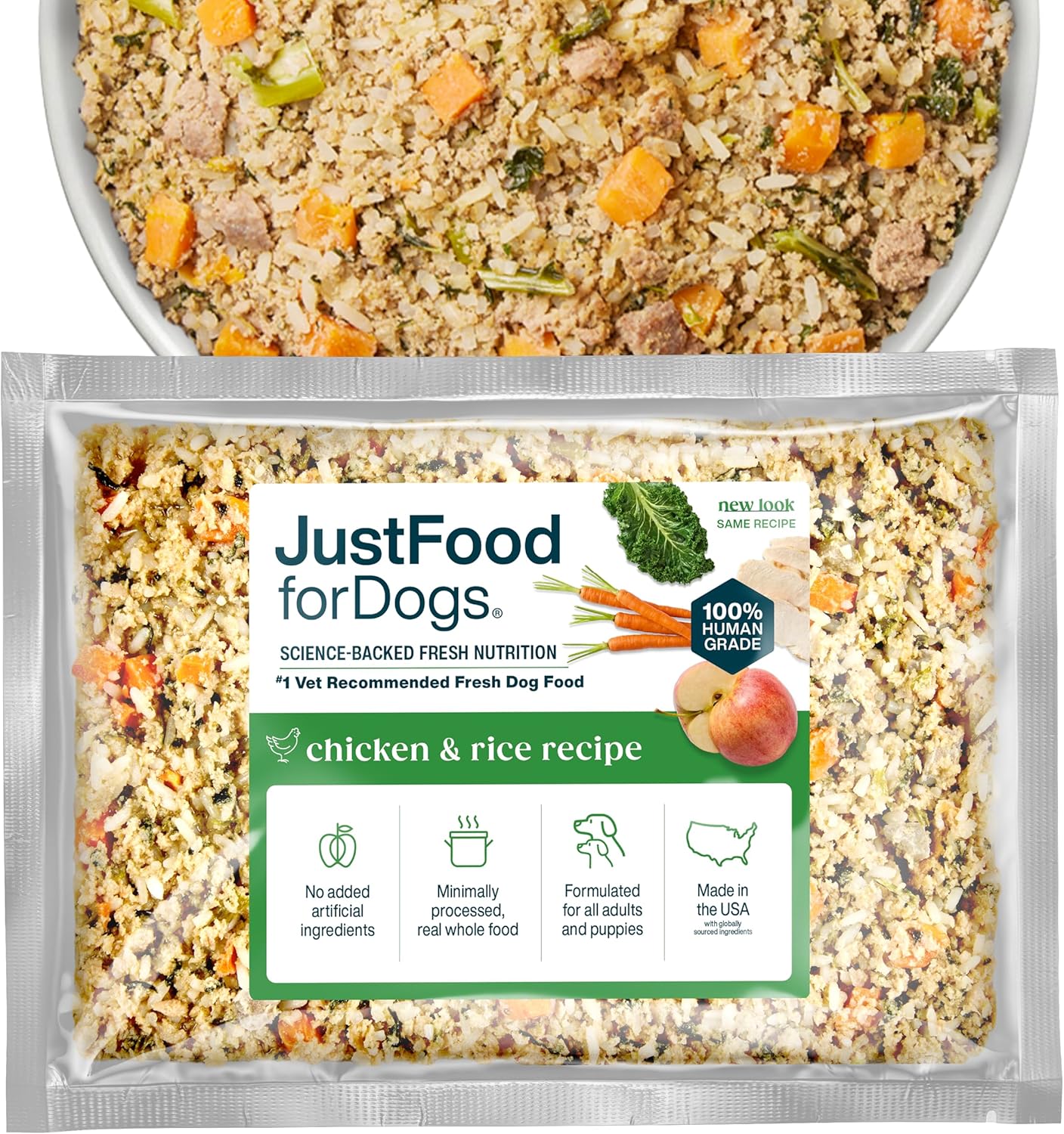 JustFoodForDogs Frozen Fresh Dog Food, Complete Meal or Topper, Chicken & Rice Human Grade Recipe, 18 oz (Pack of 7)