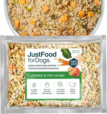 JustFoodForDogs Frozen Fresh Dog Food, Complete Meal or Topper, Chicken & Rice Human Grade Recipe, 18 oz (Pack of 7)