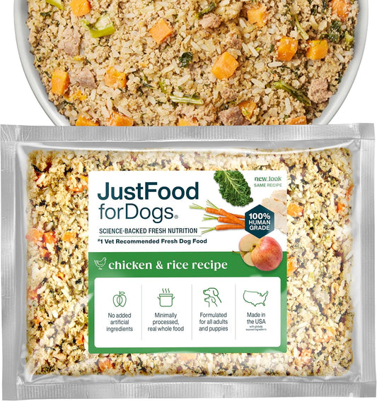 JustFoodForDogs Frozen Fresh Dog Food, Complete Meal or Topper, Chicken & Rice Human Grade Recipe, 18 oz (Pack of 7)