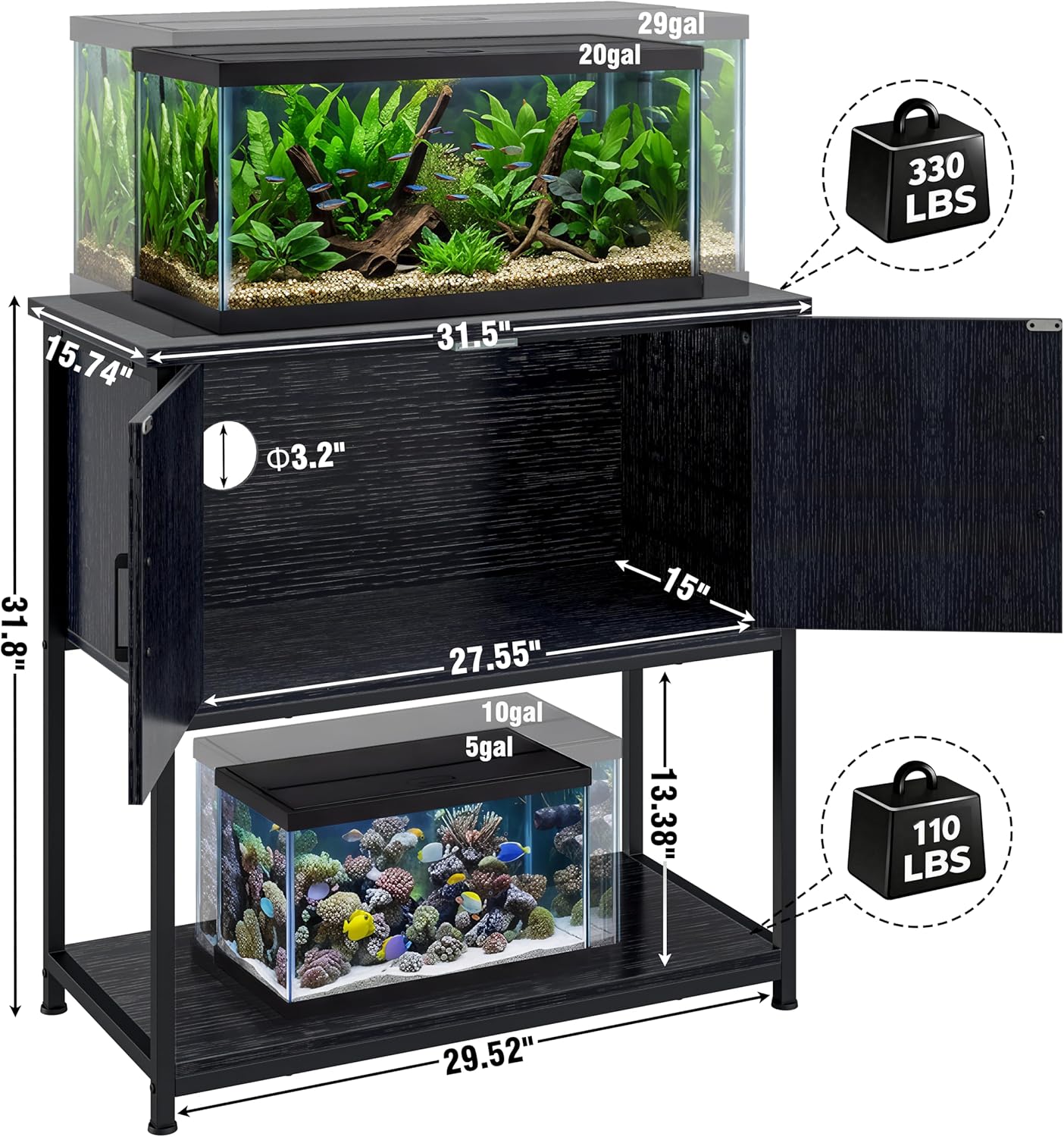 20-29 Gallon Wood Farmhouse Aquarium Stand with Cabinet - 3-Tier Heavy Duty Metal Frame Fish Tank Stand with Storage, Turtle Reptile Tank Stand, 330LBS Capacity, 31.5" L Tabletop, Black